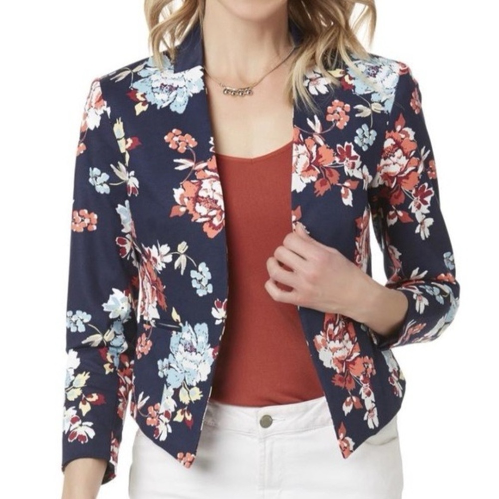 Simply Styled Floral Flowers Blazer Navy Blue Women’s Size Small No Buttons